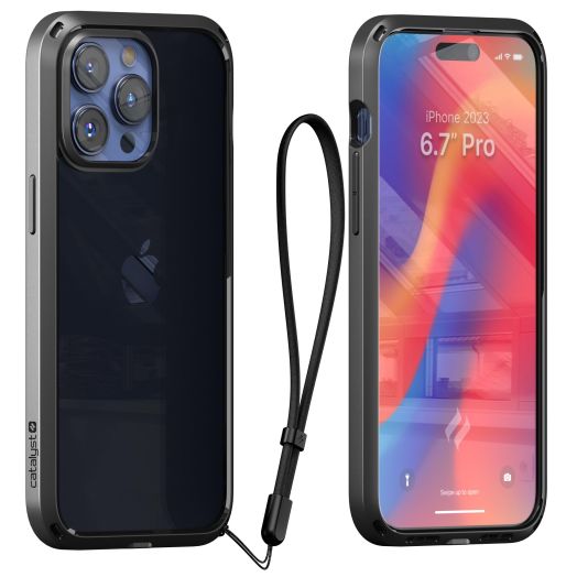 Catalyst Influence Case for iPhone 15 Pro Max Drop Proof, Non-Slip Frosted Edges and Crystal Clear Back, Raised Edges Protection, 30% Louder Forward Audio, Lanyard Included - Midnight Black