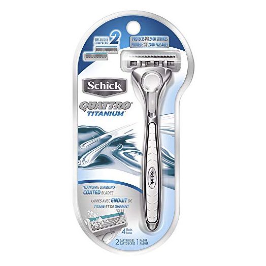Schick Quattro Razor & Cartridges, Titanium Coated Blades, 1 Razor, 2 Cartridges , Packaging May Vary