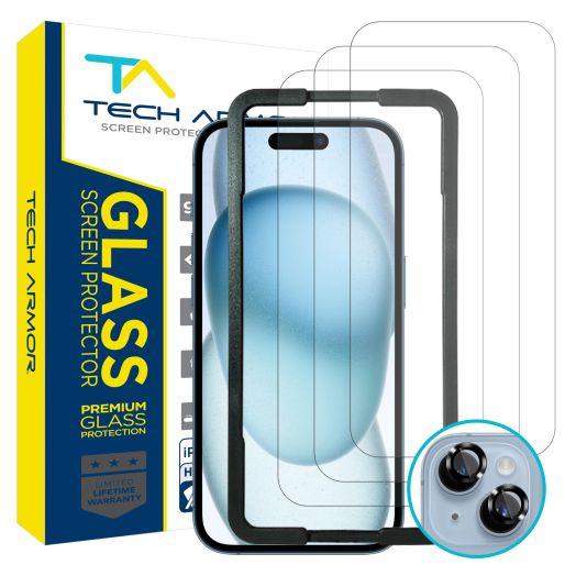 Tech Armor Screen Protector for iPhone 15 6.1 inch - Ballistic Tempered Glass, Case Friendly, Sensor Protection, HD, 9H Hardness, 3 Pack + Bonus Camera Lens Protectors