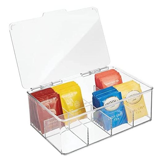 mDesign Plastic Tea Bag Divided Storage Organizer Container Box with Hinge Lid for Kitchen Cabinet, Countertop, Pantry, Hold Coffee Pods, Seasoning Packets, Condiments, 8 Sections, Clear