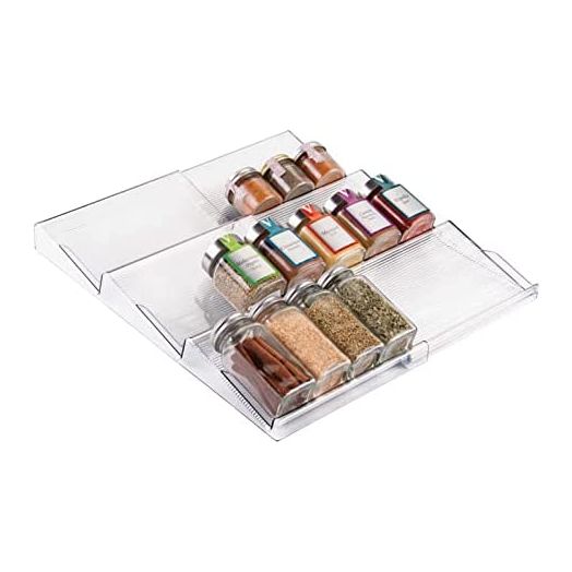 mDesign Expandable Plastic Deluxe Spice Rack, Drawer Organizer for Kitchen Cabinet Drawers - 3- Tier Slanted for Spice Jar, Food Seasoning Bottle Storage, Easy Install - Ligne Collection - Clear