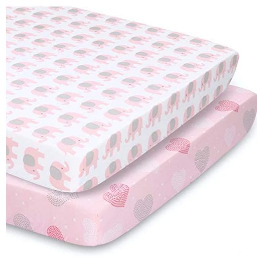 The Peanutshell Fitted Pack n Play, Playard, Mini Crib Sheets for Baby Girls | 2 Pack Set | Pink Elephants & Hearts