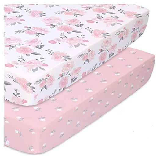 The Peanutshell Fitted Pack n Play, Playard, Mini Crib Sheets for Baby Girls | 2 Pack Set | Pink Roses and Floral