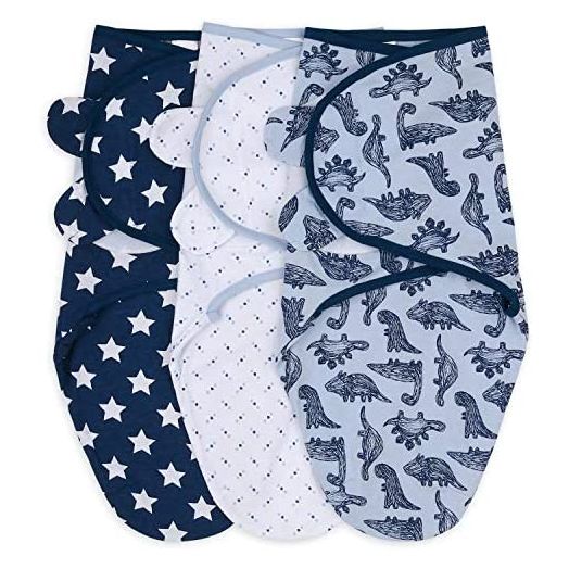 The Peanutshell Baby Swaddle Blankets for Boys or Girls, Blue Dinosaur & Stars, 3 Pack Wrap Set, 2 Sizes (Small/Medium)