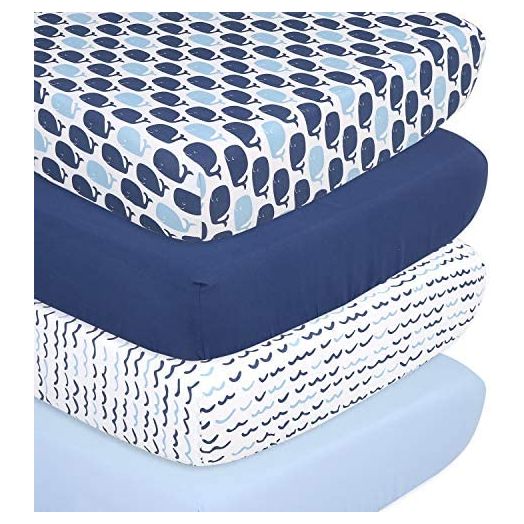 The Peanutshell Nautical Fitted Crib Sheet Set for Baby Boys or Girls - 4 Pack Nursery Set - Solid Blue, Whale Theme, & Waves