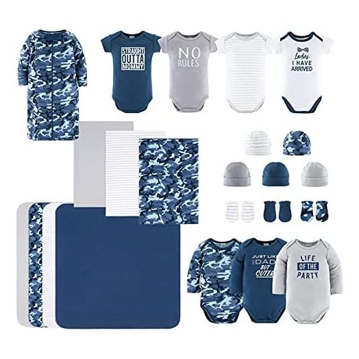 The Peanutshell Newborn Layette Gift Set for Baby Boys | 23 Piece Newborn Boy Clothes & Accessories Set | Fits Newborns to 3 Months | Blue Camo