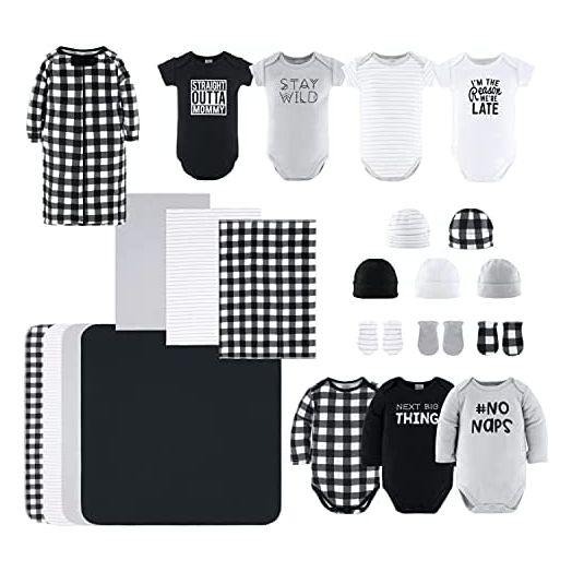 The Peanutshell Newborn Layette Gift Set for Baby Boys or Girls | 23 Piece Newborn Clothes & Accessories Set | Fits Newborns to 3 Months | Black Plaid