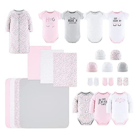 The Peanutshell Newborn Layette Gift Set for Baby Girls | 23 Piece Newborn Girl Clothes & Accessories Set | Fits Newborns to 3 Months | Pink Cheetah Animal Print