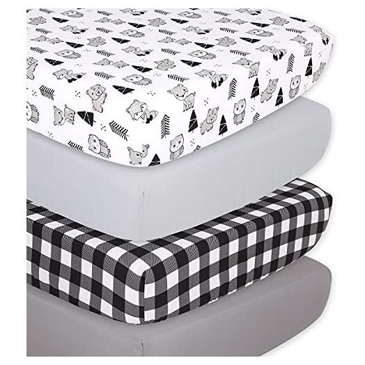 The Peanutshell Woodland Animal Fitted Crib Sheet Set for Baby Boys or Girls | Unisex 4 Pack | Woodland Animals & Buffalo Plaid