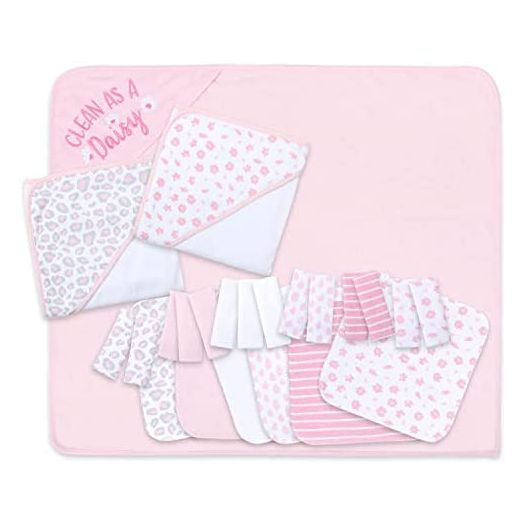 The Peanutshell Hooded Bath Towel and Wash Cloth Set for Baby Girls - 23 Piece Gift Set - Pink Floral & Cheetah Print