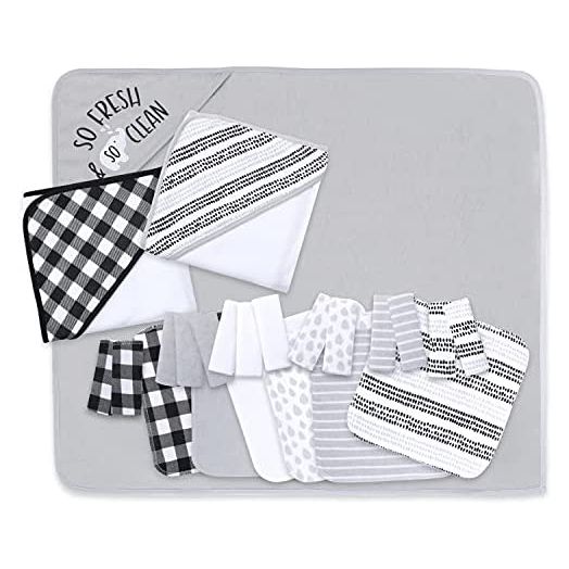 The Peanutshell Hooded Bath Towel and Wash Cloth Set for Baby Boys or Girls - 23 Piece Unisex Set - Black Plaid and Stripe