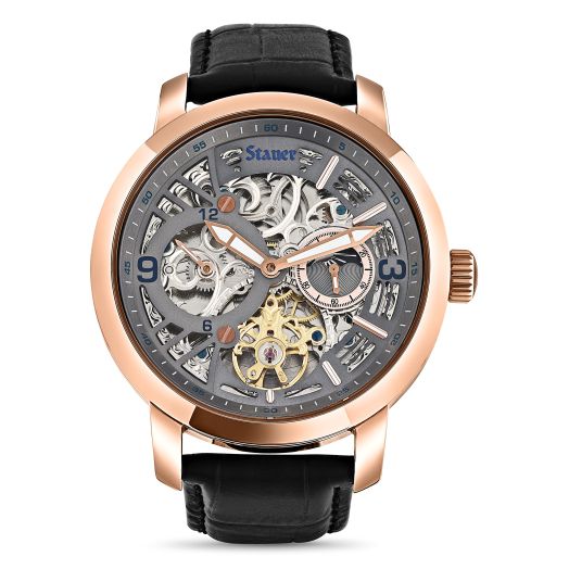 Stauer X Ray Automatic Watch for Men – Transparent-Faced Skeleton & Rose Gold-Finished Watch Case – Black Crocodile-Embossed Leather Watch Band