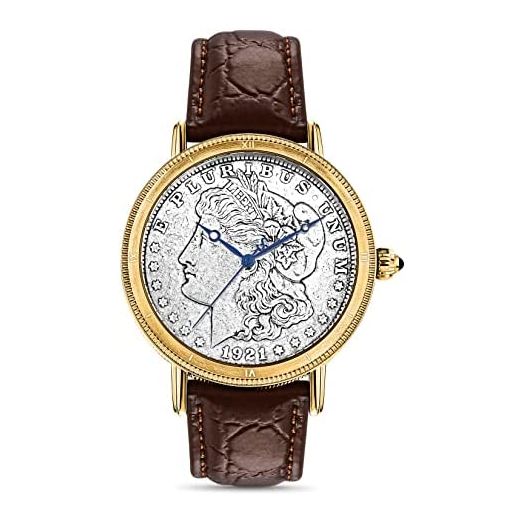 Stauer - Morgan Silver Dollar Men's Wrist Watch, Genuine Brown Crocodile-Grain Leather Band, Swiss Movement