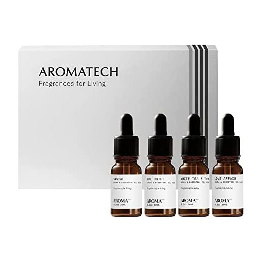 AromaTech Best Sellers Discovery Gift Set | Premium Aroma Essential Oils Blend for Scent Diffuser Aromatherapy, Set of Santal, The Hotel, White Tea & Thyme, and Love Affair - 10ML