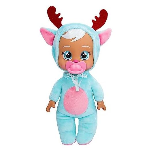 Cry Babies Tiny Cuddles Christmas Eve - 9" Baby Dolls, Cries Real Tears, Blue and Pin Reindeer Themed Pajamas