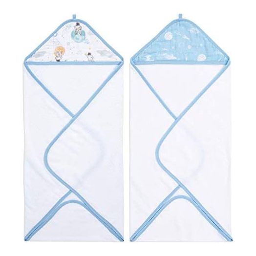 aden + anais Essentials Hooded Baby Bath Towel, Super Soft 100% Cotton, 2 Pack, Space Explorers