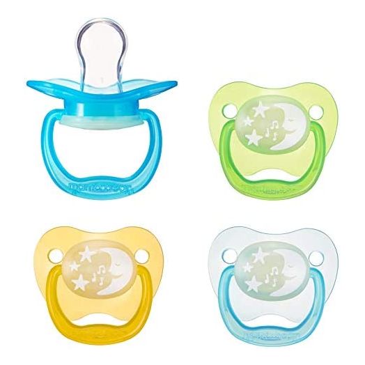 Amazon Brand - Mama Bear Glow-in-the-Dark Baby Pacifier, Stage 1 (0-6M), BPA Free, Assorted Colors (Pack of 4)