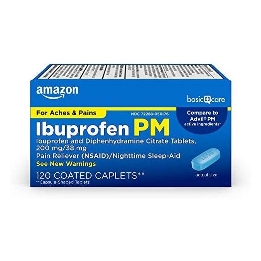 Amazon Basic Care Ibuprofen PM, Ibuprofen and Diphenhydramine Citrate Tablets, 200 mg/38 mg, Pain Reliever (NSAID)/Nighttime Sleep-Aid, 120 Count