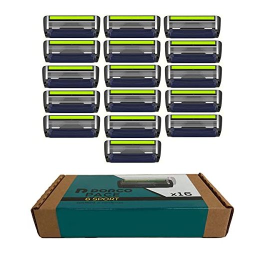 DORCO Pace 6 Sport - Six Blade Razor System with Trimmer and Pivoting Head - 16 Pack Refill (No Handle)