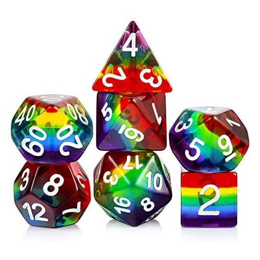 DNDND Rainbow DND Dice Set, Transparent Rainbow Polyhedral Die with Organza Bag