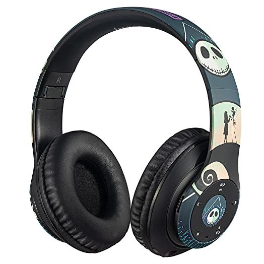 Disney Nightmare Before Christmas Bluetooth Over Ear Headphones, Wireless and Wired Foldable Headset Built-in Microphone - Tim Burton Jack Skellington & Sally - Adults Kids Audifonos Auriculares