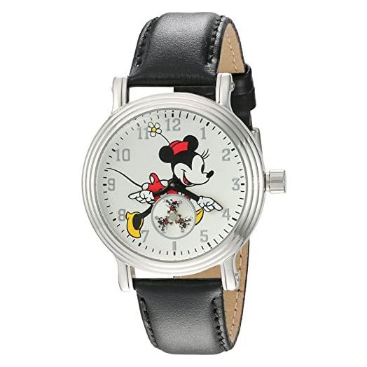 Disney Minnie Mouse Women's Silver Vintage Alloy Watch, Black Leather Strap, W002766