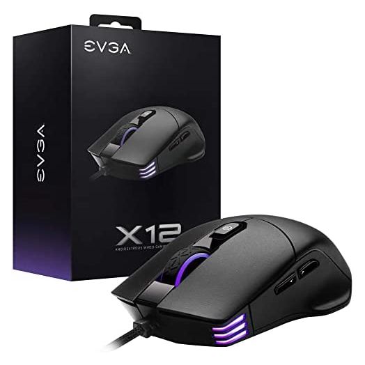 EVGA X12 Gaming Mouse, 8k, Wired, Black, Customizable, Dual Sensor, 16,000 DPI, 5 Profiles, 8 Buttons, Ambidextrous Light Weight, RGB, 905-W1-12BK-KR