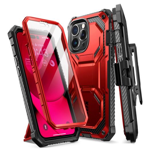 i-Blason Armorbox for iPhone 14 Pro Max Case with Stand [Built-in Screen Protector] [Military-Grade Protection] Full-Body Rugged Protective Bumper Case with Kickstand & Belt Clip Holster (Ruddy)