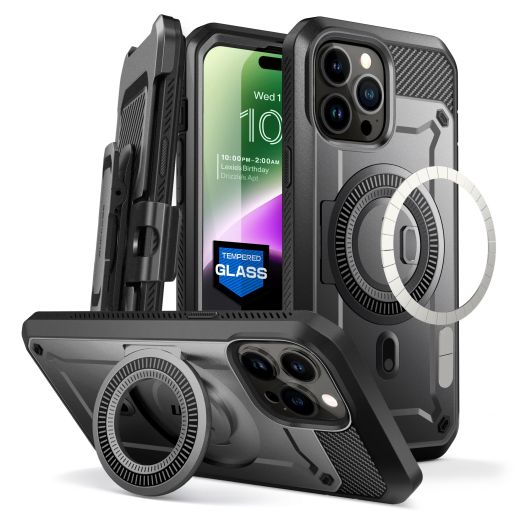 SUPCASE for iPhone 14 Pro Max Case with Tempered Glass Screen Protector (Unicorn Beetle Pro Mag) [Compatible with MagSafe] [Built-in Stand & Belt-Clip] Magnetic Phone Case for iPhone 14 Pro Max, Black