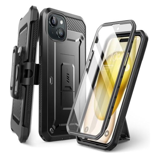 SUPCASE for iPhone 15 Case with Stand & Belt-Clip, [Unicorn Beetle Pro] [Built-in Screen Protector] [Military-Grade Drop Protection] Heavy Duty Rugged Kickstand Phone Case for iPhone 15, Black