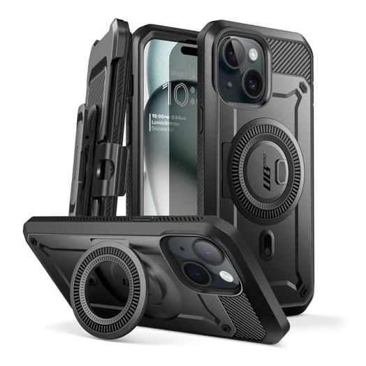 SUPCASE for iPhone 15 Case with Stand (Unicorn Beetle Pro Mag), [Built-in Screen Protector & Belt Clip] [Compatible with MagSafe] Military-Grade Magnetic Phone Case for iPhone 15/14/13, Black