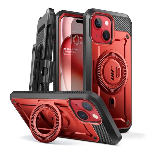 SUPCASE for iPhone 15 Case with Stand (Unicorn Beetle Pro Mag), [Built-in Screen Protector & Belt Clip] [Compatible with MagSafe] Military-Grade Magnetic Phone Case for iPhone 15/14/13, Ruddy