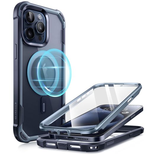 i-Blason for iPhone 15 Pro Case, [Compatible with MagSafe] [Built-in Screen Protector] [Full Body Drop Protection], Clear Back Magnetic Phone Case for iPhone 15 Pro, AreMag Series, Navy