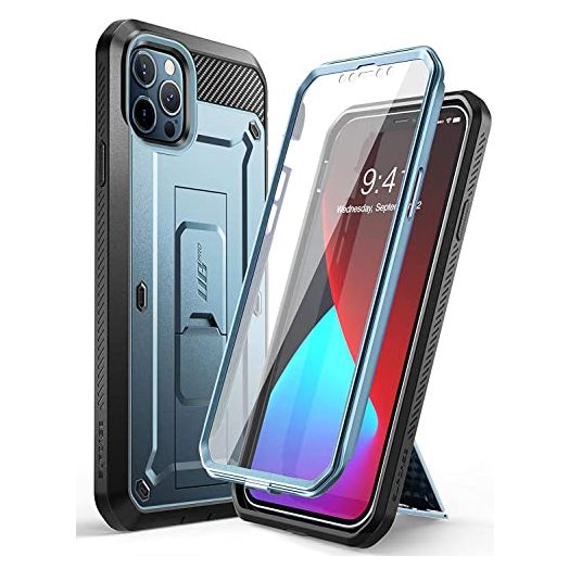 SupCase Unicorn Beetle Pro Series Case for iPhone 12 Pro Max (2020 Release) 6.7 Inch, Built-in Screen Protector Full-Body Rugged Holster Case(Cerulean)