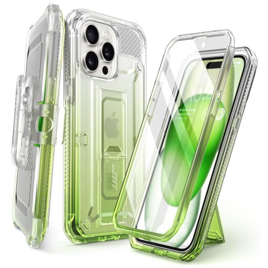 SUPCASE for iPhone 15 Pro Max Case with Screen Protector (Unicorn Beetle Pro), [Built-in Stand & Belt-Clip] [Military-Grade Protection] Full Body Heavy Duty Phone Case for iPhone 15 Pro Max, GradGreen