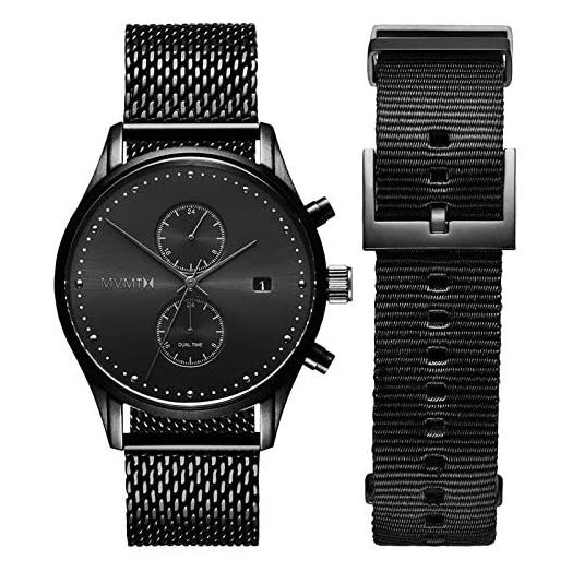 MVMT Voyager Mens Watch Gift Set | Analog Chronograph Watch with Date | Includes Black Stainless Steel Mesh & Black Nylon Straps