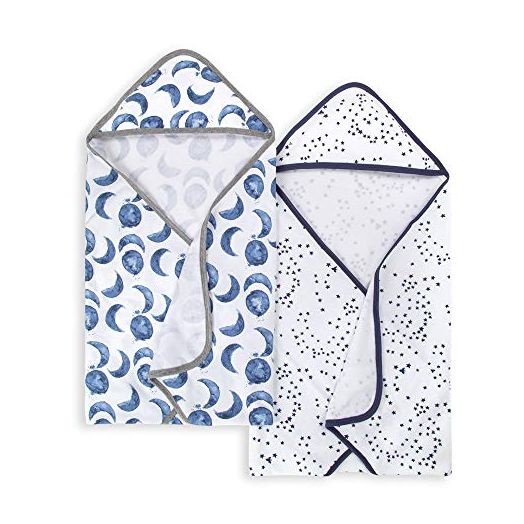 Burt's Bees Baby - Hooded Towels, Absorbent Knit Terry, Super Soft Single Ply, 100% Organic Cotton (Hello Moon!, 2-Pack)