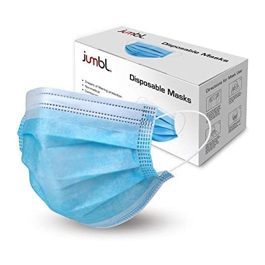 Jumbl Blue Disposable Face Masks Pack of 50 | Protective 3-Ply Breathable Comfortable Nose/Mouth Coverings for Home & Office | Elastic Ear Loop 3-Layer Safety Shield for Adults/Kids | Ships from USA