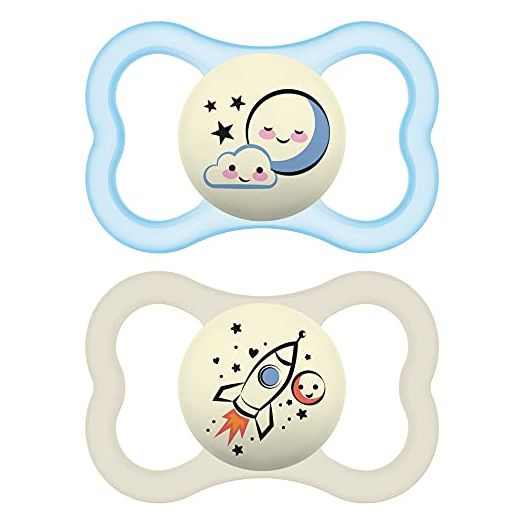 MAM Supreme Night Pacifiers (2 Pack, 1 Sterilizing Pacifier Case), Best Pacifier for Breastfed Babies 16+ Months, Glow in The Dark Pacifiers, Boy Pacifier