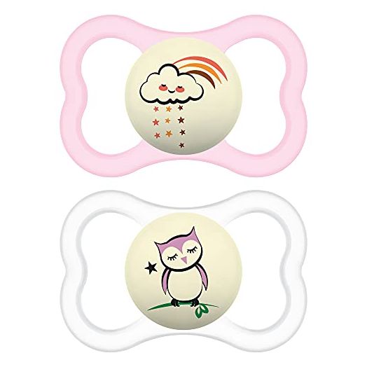 MAM Supreme Night Baby Pacifier, for Sensitive Skin, Patented Nipple, 2 Pack, 16+ Months, Girl