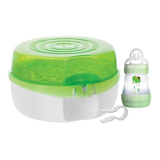 MAM Baby Bottle Sterilizer, Microwave Steam Baby Bottle Sterilizer with MAM 5-Ounce Anti-Colic Baby Bottle and Nipple Tong, 3-Pieces, Green