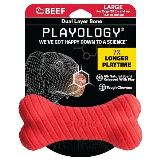 Playology Dual Layer Bone Toy for Large Dogs (35lbs & up) - Engaging All-Natural Beef Scented Durable Dog Chew Toy for Heavy Chewers - Easy to Clean - Interactive & Non-Toxic