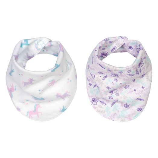 Unicorns and Flowers 2 Pack Reversible Flannel Bandana Bib Set