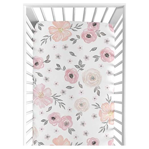 Blush Pink, Grey and White Baby or Toddler Fitted Crib Sheet for Watercolor Floral Collection by Sweet Jojo Designs