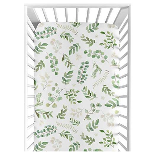 Sweet Jojo Designs Floral Leaf Girl Fitted Crib Sheet Baby or Toddler Bed Nursery - Green and White Boho Watercolor Botanical Woodland Tropical Garden