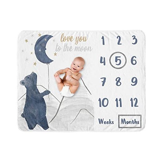 Sweet Jojo Designs Woodland Bear Boy Girl Milestone Blanket Monthly Newborn First Year Growth Mat Baby Shower Memory Keepsake Gift Picture - Navy Blue Grey Gold Black Celestial Moon Star Watercolor