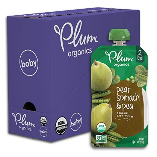 Plum Organics Baby Food Pouch | Stage 2 | Pear, Spinach and Pea | Fresh Organic Food Squeeze | For Babies, Kids, Toddlers | 4 Ounce (Pack of 6)
