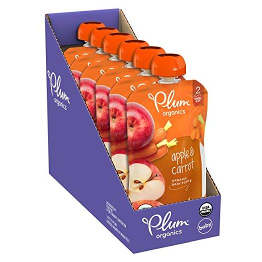 Plum Organics Baby Food Pouch | Stage 2 | Apple & Carrot | 4 Ounce (Pack of 6) | Fresh Organic Food Squeeze | For Babies, Kids, Toddlers