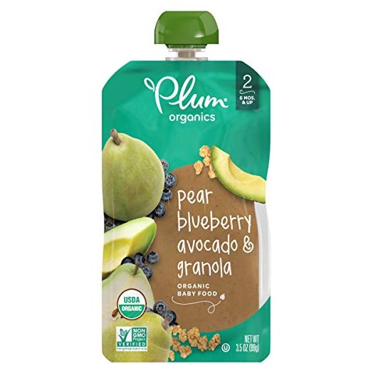 Plum Organics Baby Food Pouch | Stage 2 | Pear, Blueberry, Avocado and Granola | 3.5 ounce | 6 Pack | Fresh Organic Food Squeeze | For Babies, Kids, Toddlers