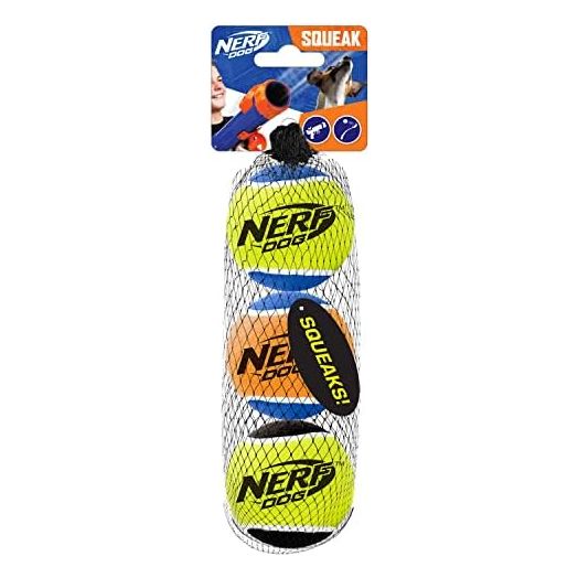 Nerf Dog Tennis Ball Dog Toy with Interactive Squeaker, Lightweight, Durable and Water Resistant, 2.5 Inches, for Small/Medium/Large Breeds, Three Pack, Assorted Colors